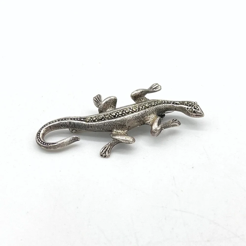 Vintage 925‎ Sterling Silver Marcasite Lizard Brooch Reptile Pin 2 Inch